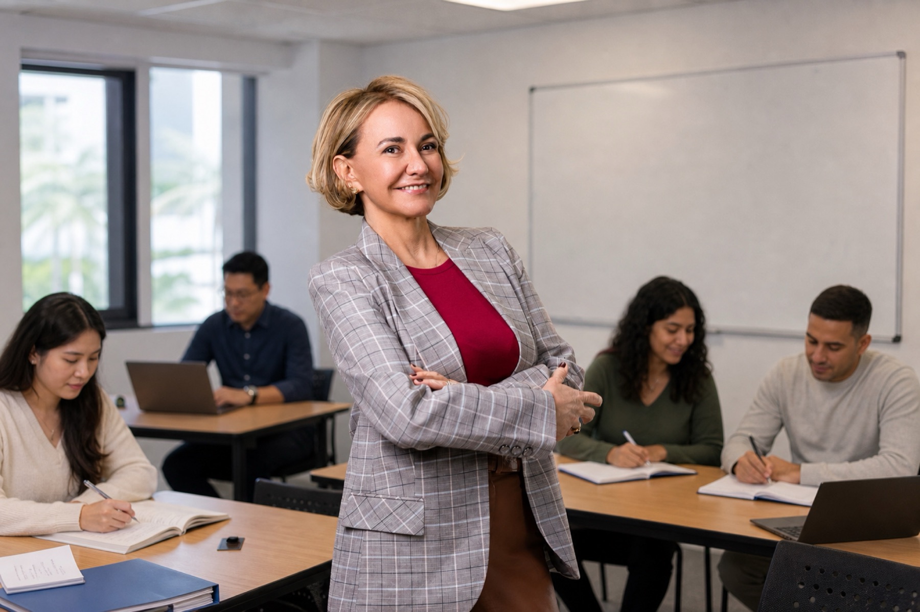 Michele standing confidently with adult English learners in class